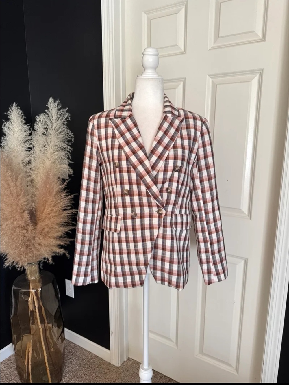 Joie Blazer Spice Plaid Double Breasted Cotton Blend Jacket Size Medium - Picture 2 of 12